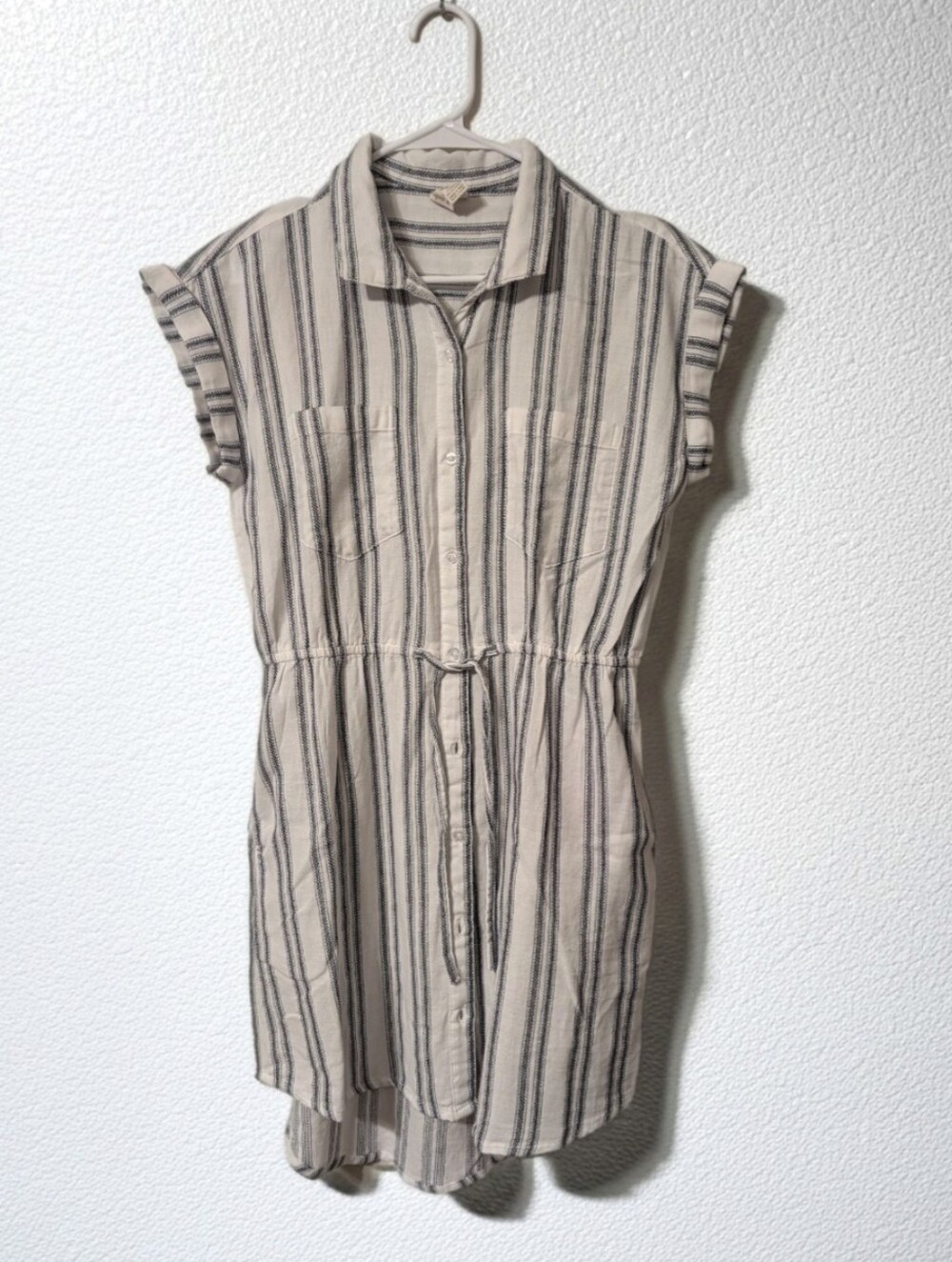 Japna White & Navy Stripe Collared Mini Shirt Dress 100% Cotton, Size M